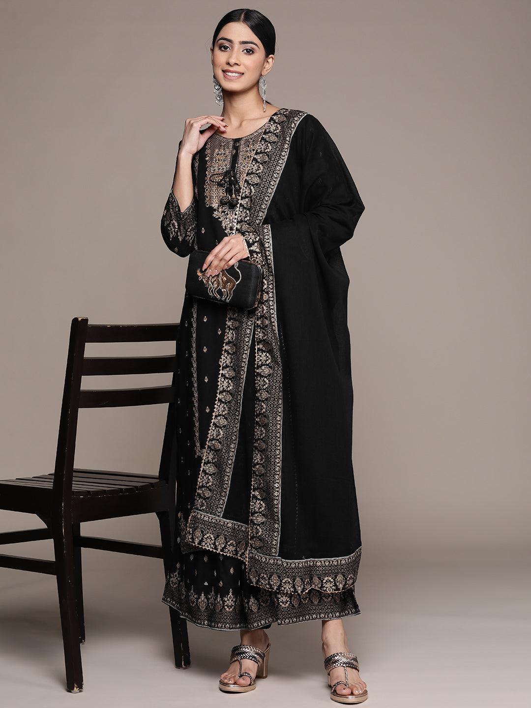 ishin women's cotton black embroidered a-line kurta sharara dupatta set