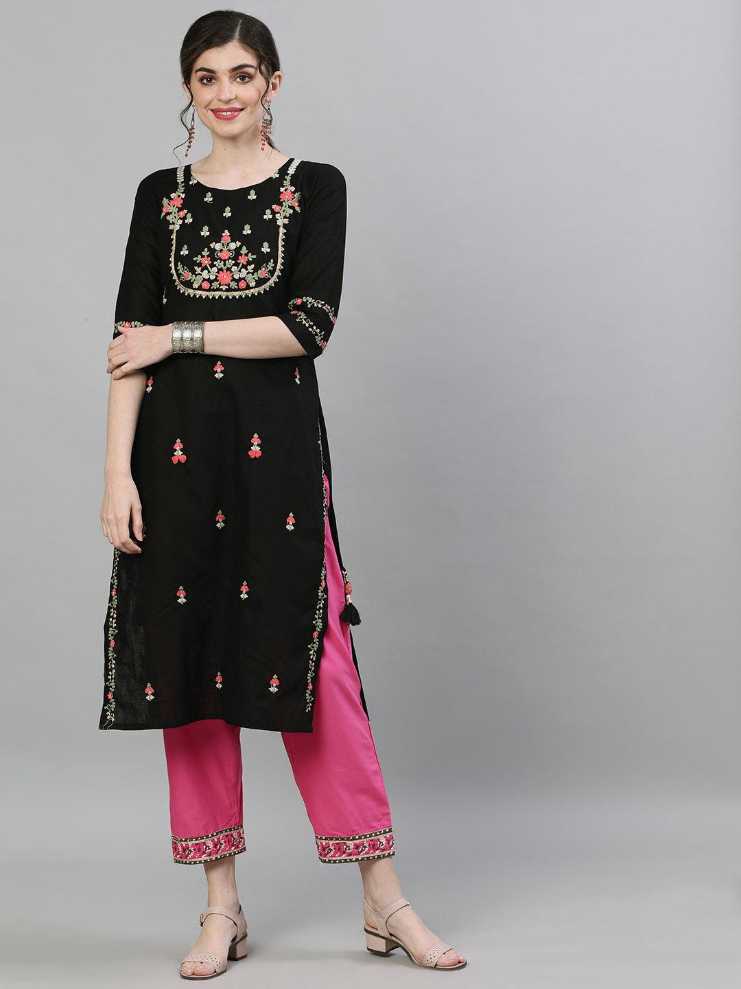 ishin women's cotton black embroidered straight kurta