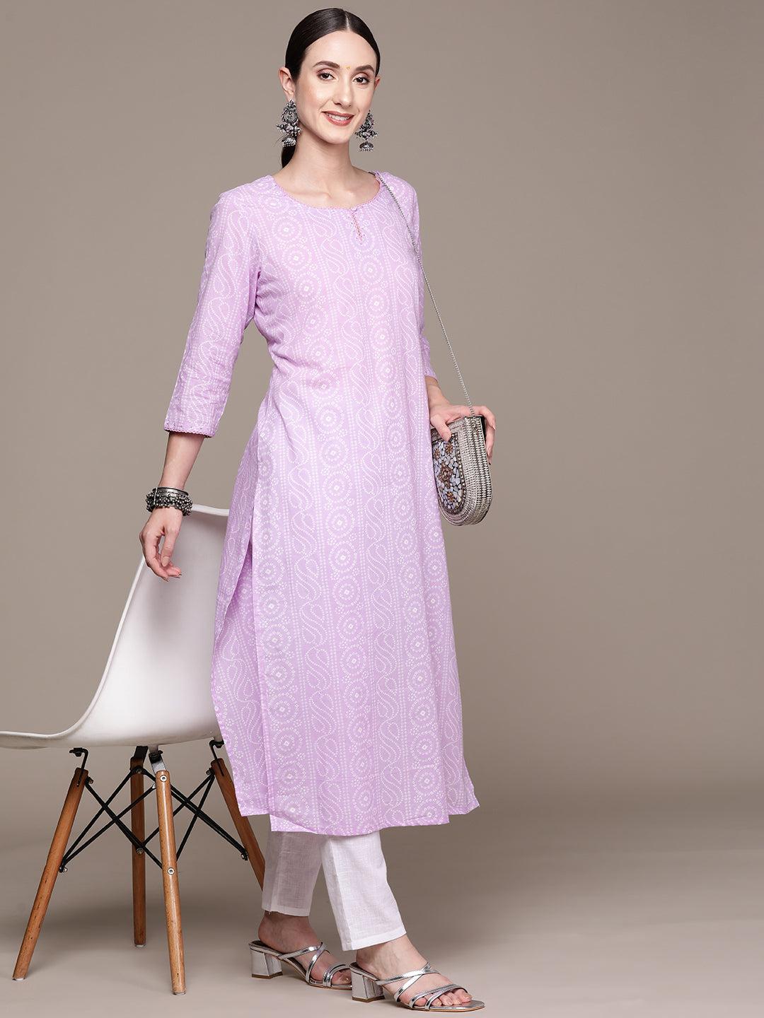 ishin women's cotton blend lavender bandhani printed a-line kurta