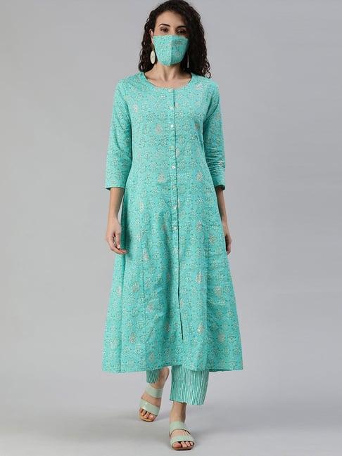 ishin women's cotton blue printed a-line kurta trouser set