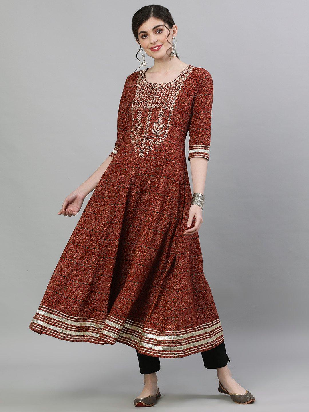 ishin women's cotton brown yoke embroidered anarkali kurta