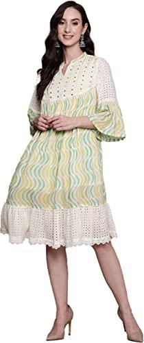 ishin women's cotton cream & green embroidered a-line pleated dress