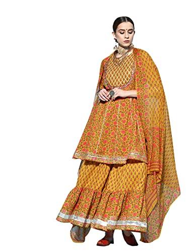 ishin women's cotton mustard embroidered anarkali peplum kurta set with sharara and dupatta