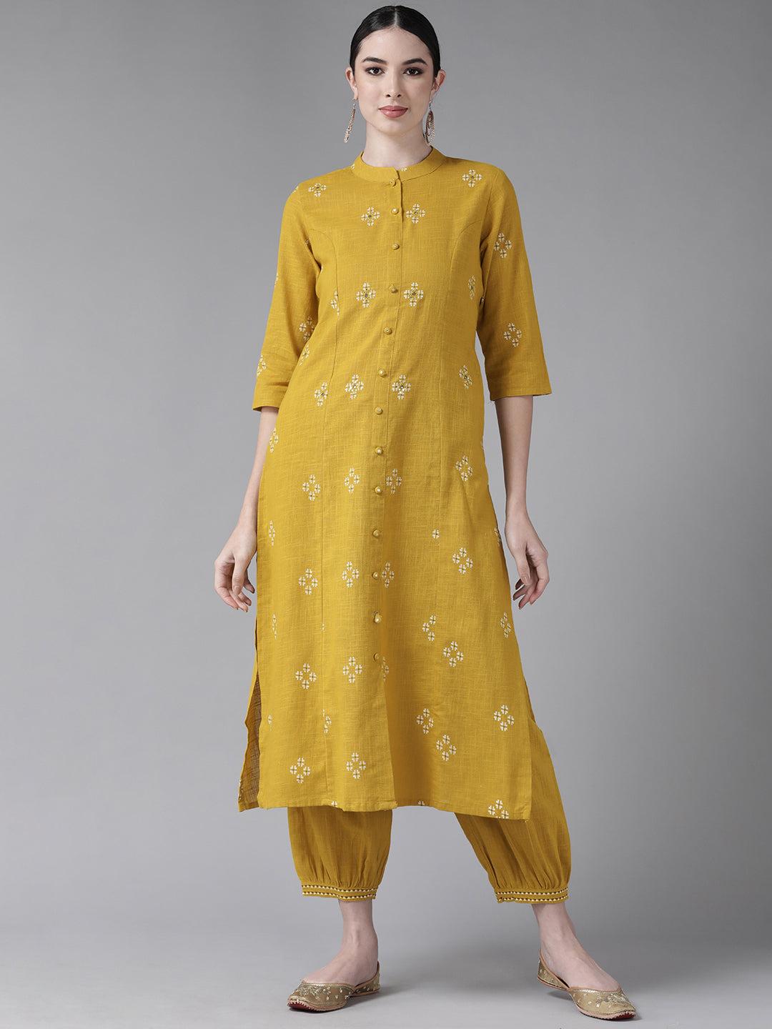 ishin women's cotton mustard yellow embroidered a-line kurta salwar set