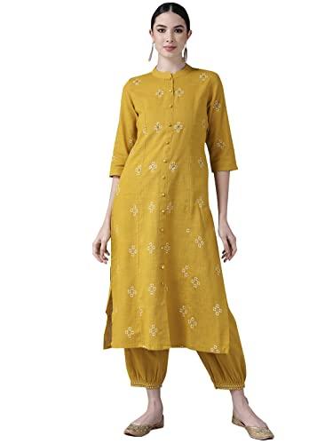 ishin women's cotton mustard yellow embroidered a-line kurta set with salwar