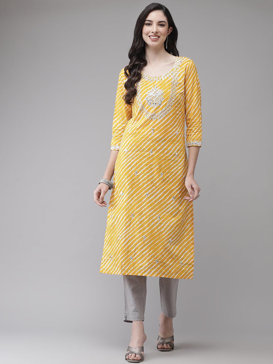 ishin women's cotton mustard yellow embroidered a-line leheriya kurta