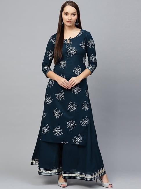 ishin women's cotton navy blue bandhani printed embellished a-line kurta sharara set