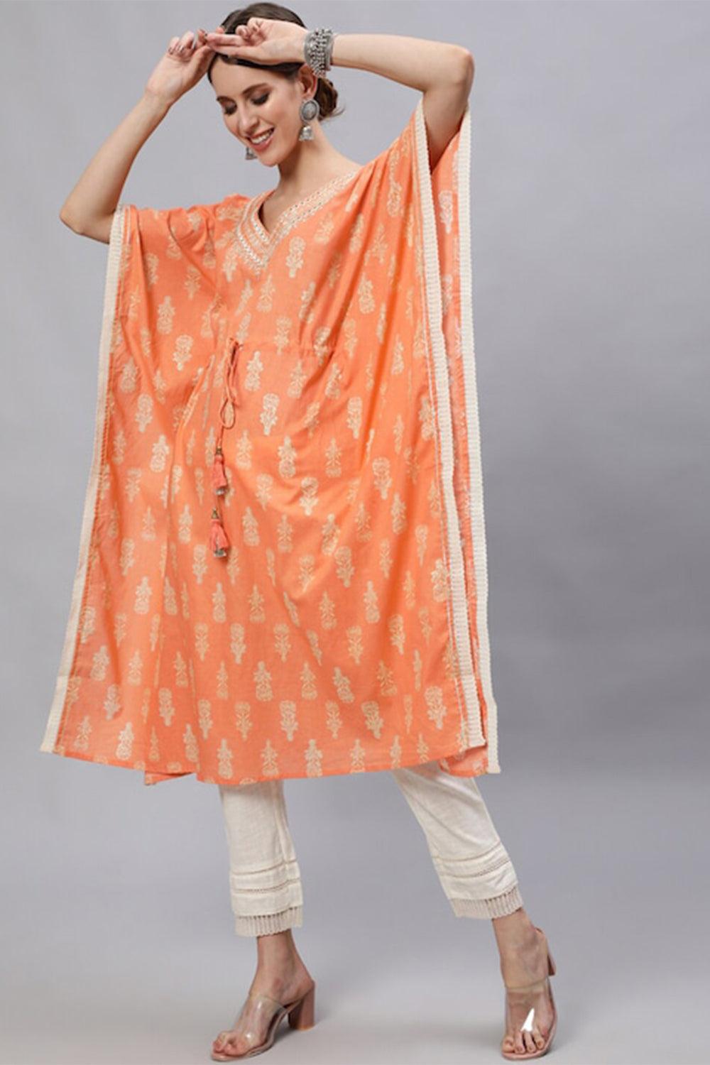 ishin women's cotton orange & white kurta set