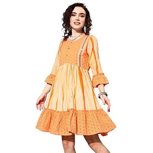 ishin women's cotton orange lurex embellished a-line dress