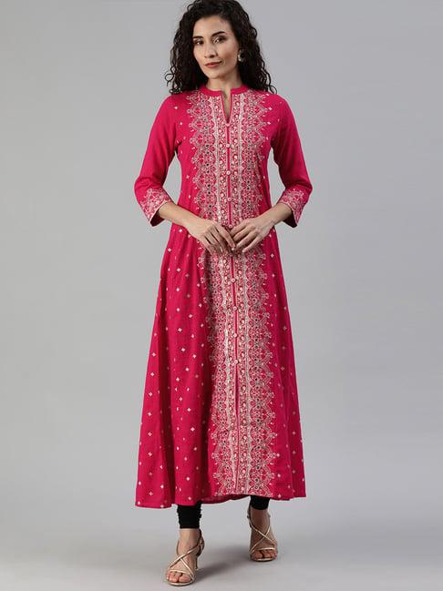 ishin women's cotton pink embellished anarkali kurta