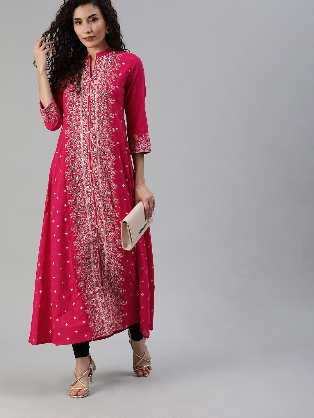 ishin women's cotton pink embellished anarkali kurta