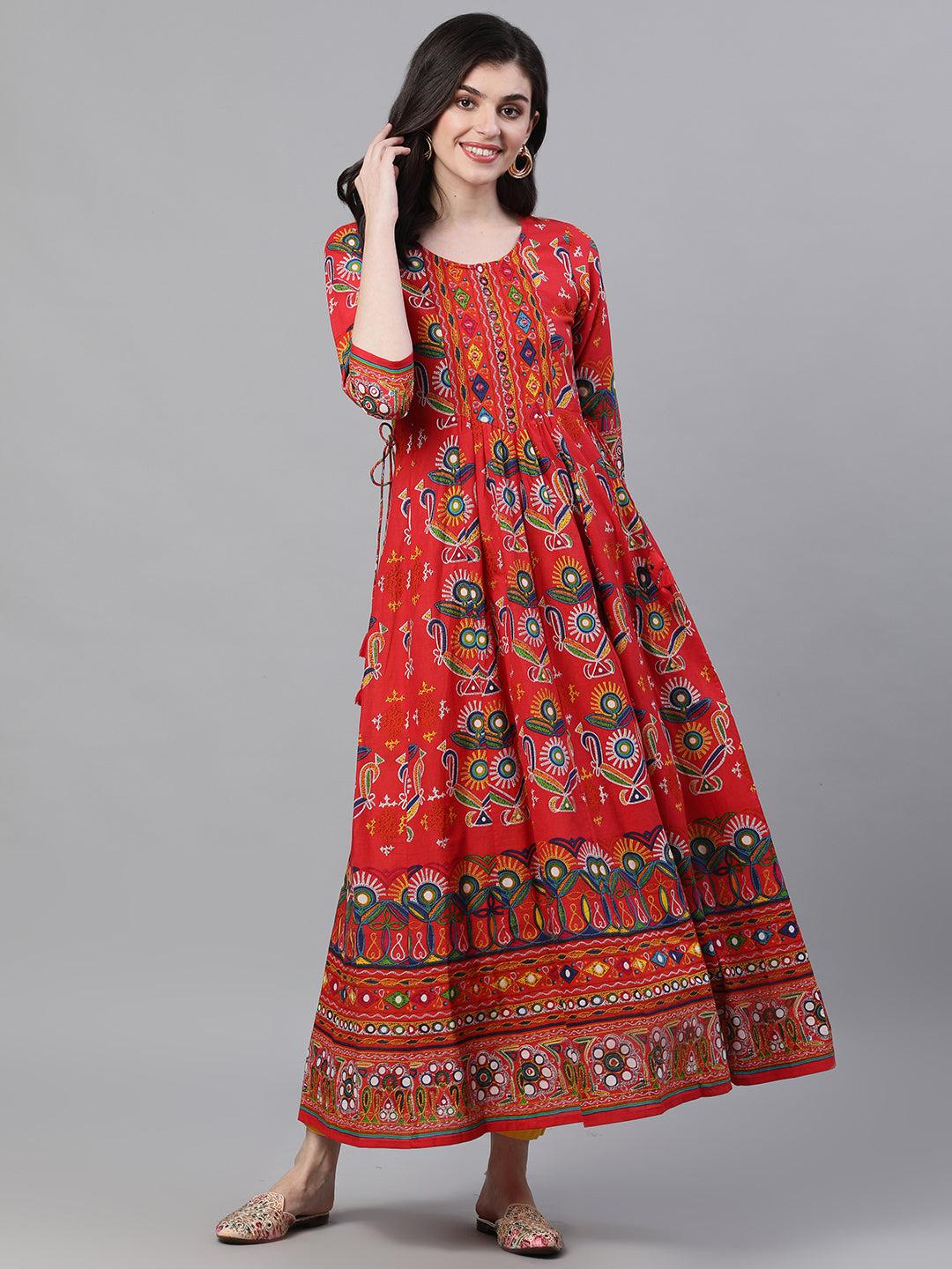 ishin women's cotton red gaatha printed anarkali kurta