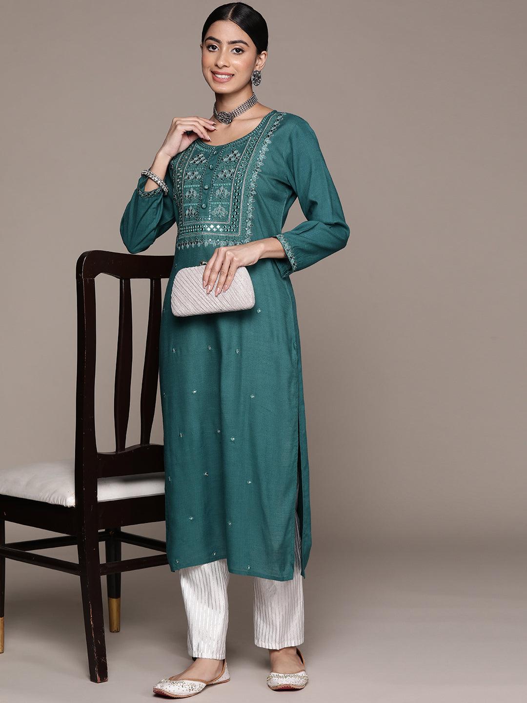 ishin women's cotton silk sea green embroidered a-line kurta