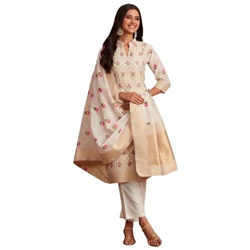 ishin women's ethnic off white chanderi kurta set with dupatta