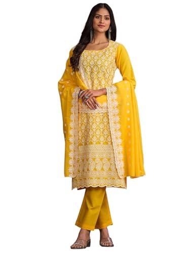 ishin women's ethnic yellow embroidered pure cotton kurta set with dupatta