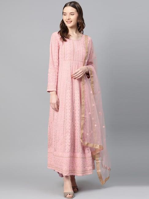 ishin women's georgette chikankari embroidered anarkali kurta with dupatta