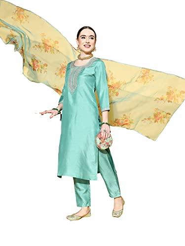 ishin women's green yoke design a-line kurta suit set with toruser & dupatta