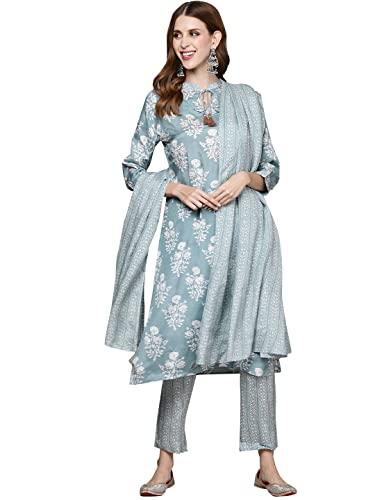 ishin women's grey zari embroidered a-line kurta set with trouser and dupatta