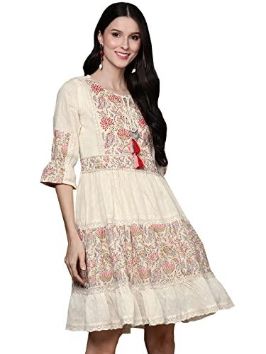 ishin women's knee length cotton self design floral cream a-line dress inwdr0222_cr_l_cream