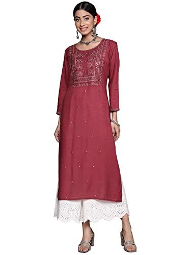 ishin women's maroon embellished straight kurta