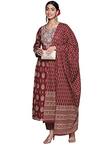 ishin women's maroon embroidered zari flared kurta set with pants & with dupatta