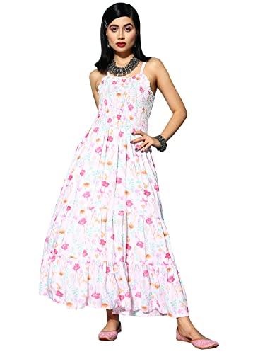 ishin women's midi cotton printed floral pink fit and flare dress inwdr0402_pn_m_pink