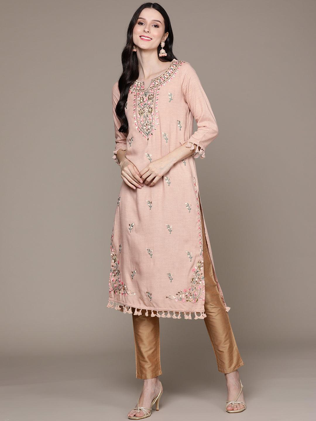 ishin women's peach embroidered a-line kurta