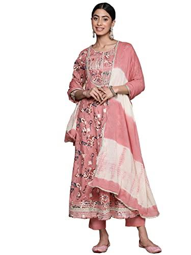 ishin women's pink pure cotton zari flared floral print kurta set with pants & with dupatta