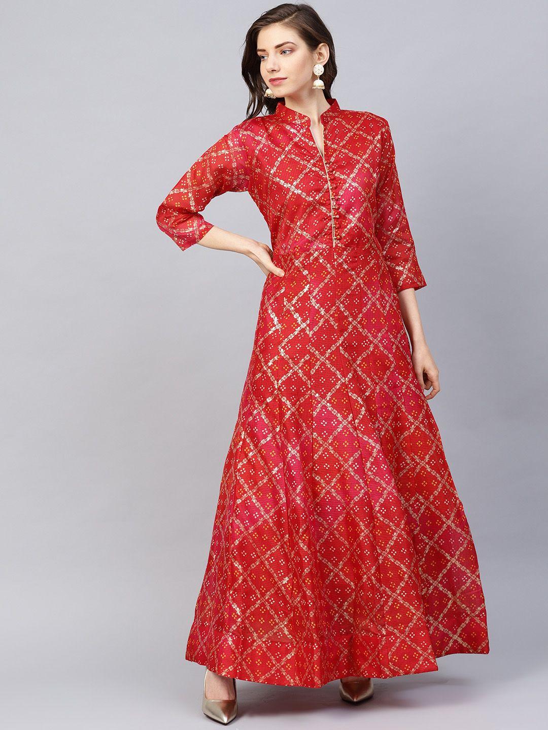 ishin women's poly silk red & golden printed anarkali kurta