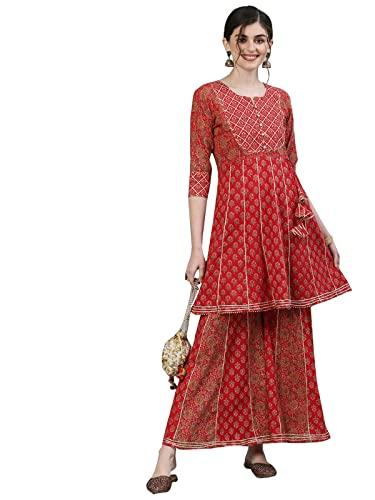 ishin women's pure cotton a-line embroidered gotta patti floral print red kurta suit set with sharara kplpram-9091_xxl_red