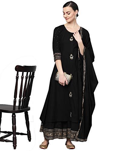 ishin women's pure cotton a-line self design gotta patti floral print black kurta suit set with palazzo kplprammp-922_m_black