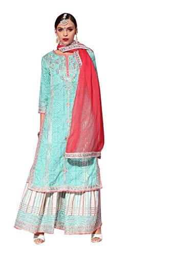 ishin women's pure cotton green embroidered a-line kurta suit set with dupatta & sharara kpldsic-19029_s_green