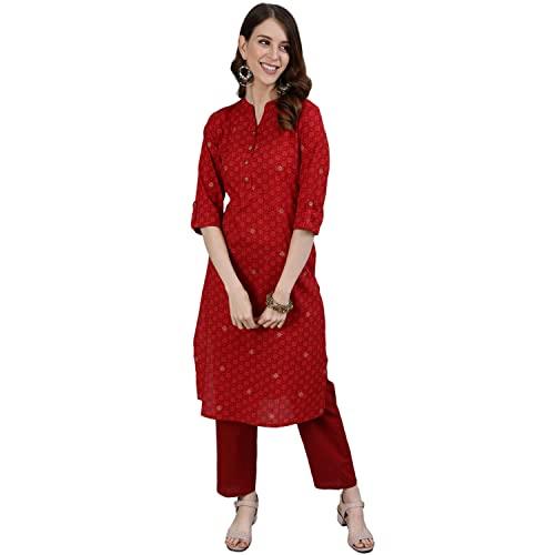 ishin women's pure cotton straight printed floral print red kurta suit set with trouser kpsrth-15052_xl_red