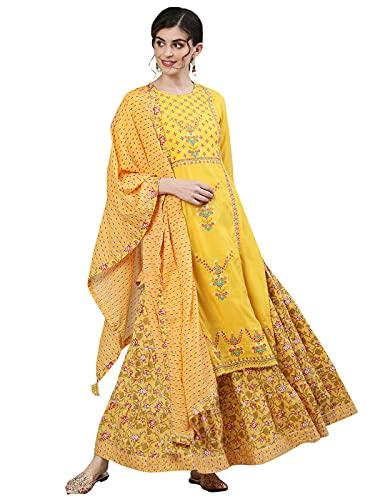 ishin women's rayon yellow embroidered straight kurta set with skirt and dupatta