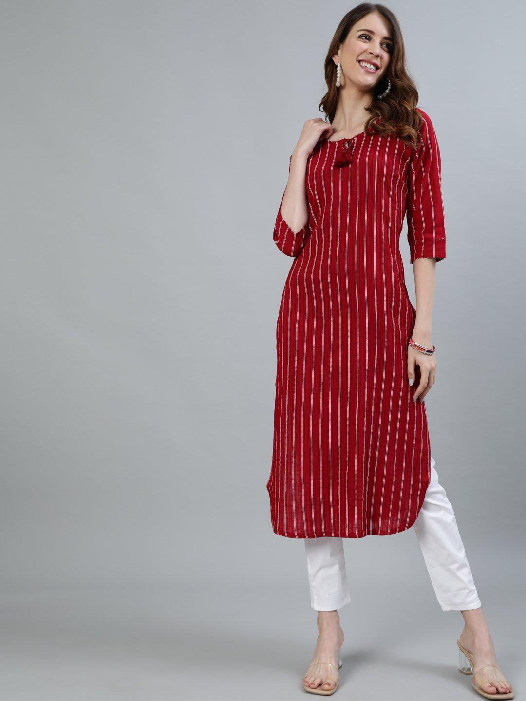 ishin women's red embroidered pintucks a-line kurta