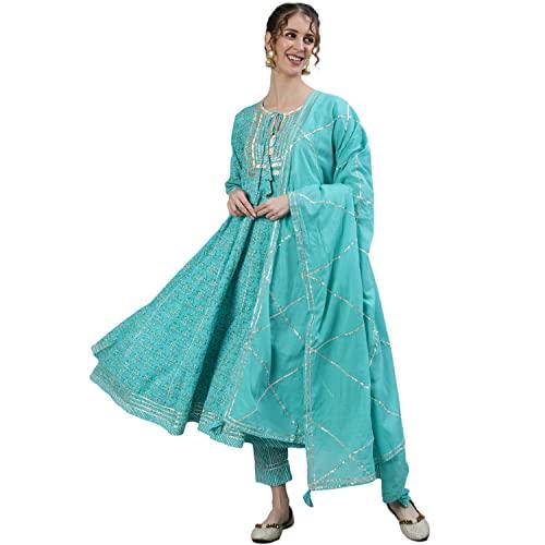 ishin women's sea green gota patti anarkali kurta set with trouser and dupatta