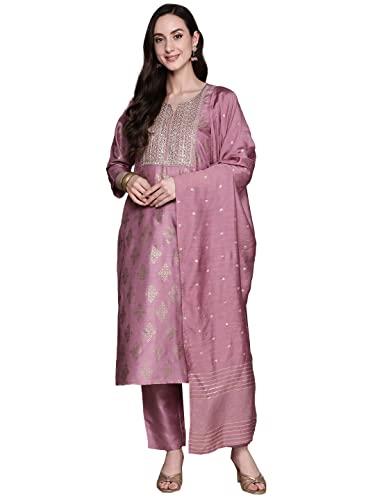 ishin women's silk blend mauve abstract printed zari work straight kurta suit set with trousers & dupatta