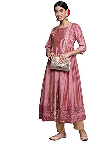 ishin women's silk blend peach embellished anarkali kurta