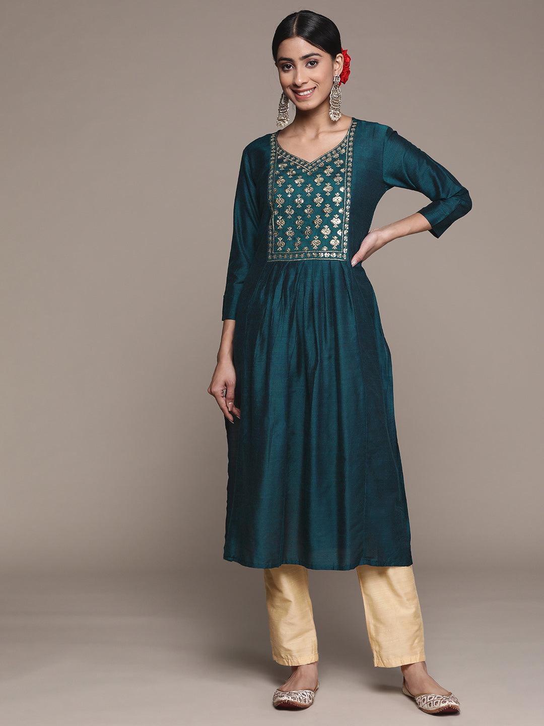 ishin women's silk blend teal embroidered a-line kurta