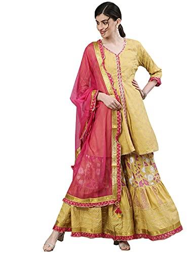 ishin women's silk mustard embellished peplum kurta set with sharara and dupatta