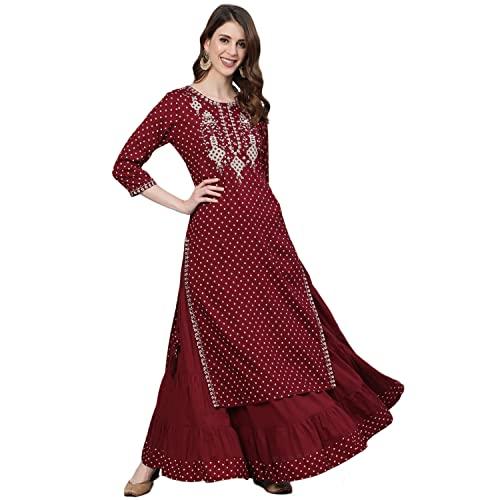 ishin women's viscose rayon maroon embroidered & zari work straight kurta suit set with skirt kplpmaw-8049_s_maroon