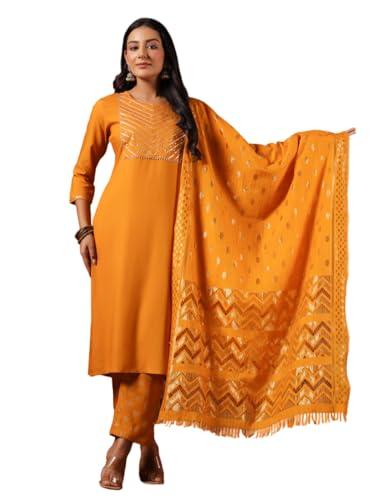 ishin women's viscose rayon yoke design mustard straight kurta suit set with trousers and dupatta…