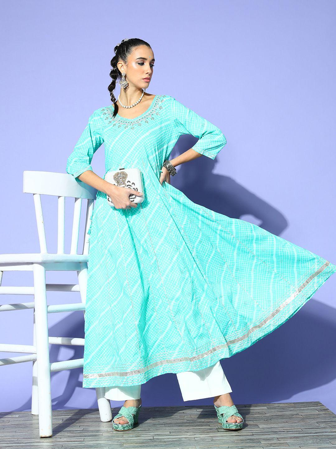 ishin women alluring turquoise blue cotton fluid tie-up kurta