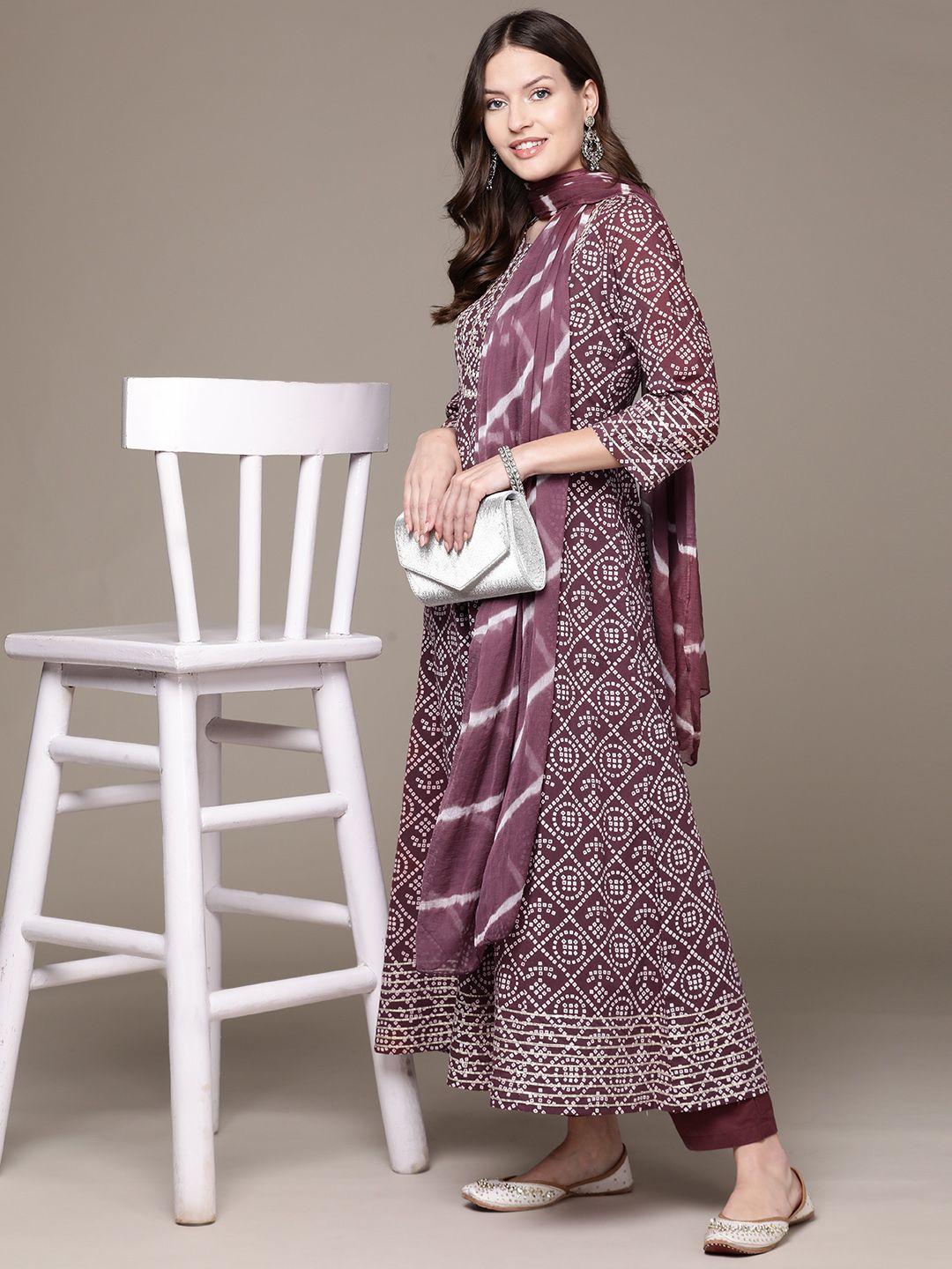 ishin women bandhani printed regular mirror work pure cotton kurta with palazzos & dupatta