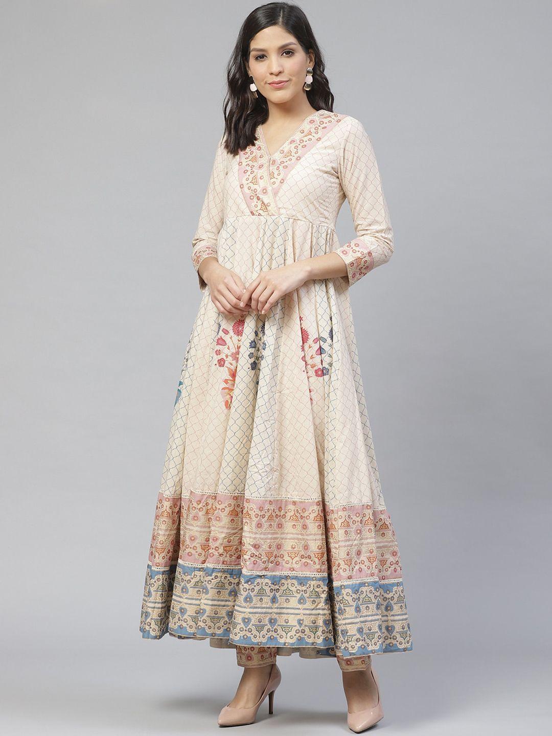 ishin women beige & pink printed anarkali kurta