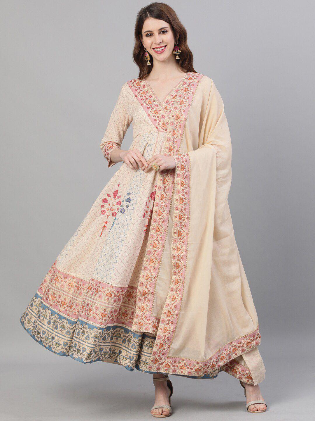 ishin women beige ethnic motifs printed kurta with anarkali dupatta