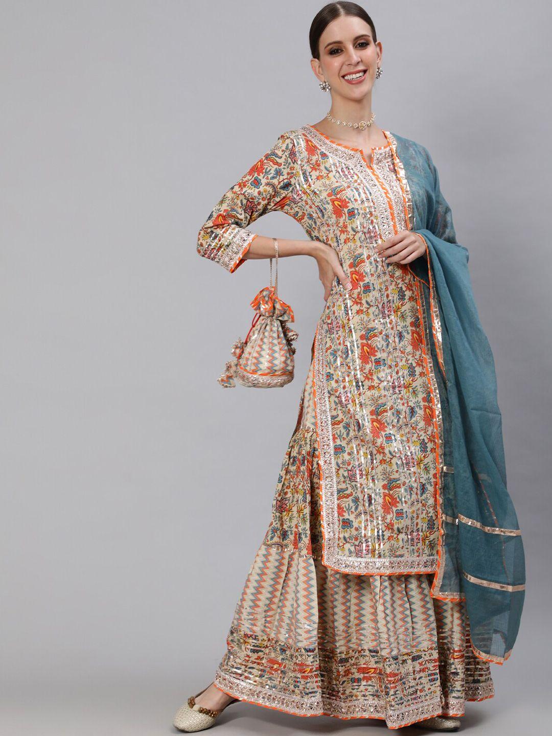 ishin women beige ethnic motifs printed layered pure cotton kurti with skirt & with dupatta