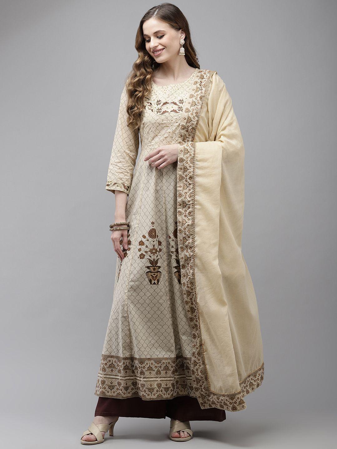 ishin women beige floral embroidered thread work floral anarkali kurta with dupatta