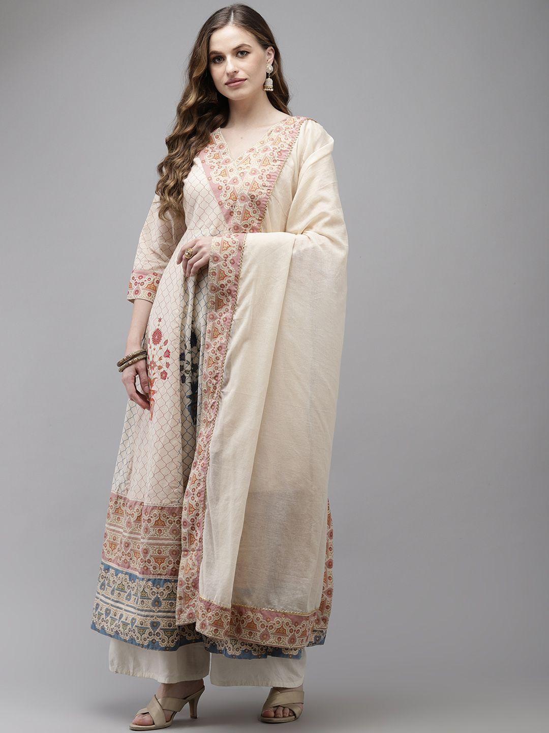 ishin women beige floral printed floral anarkali kurta with dupatta