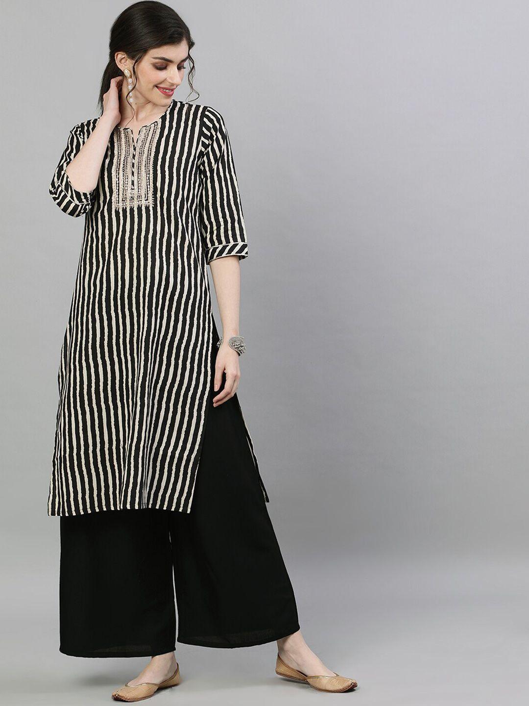 ishin women black & cream-coloured striped straight kurta